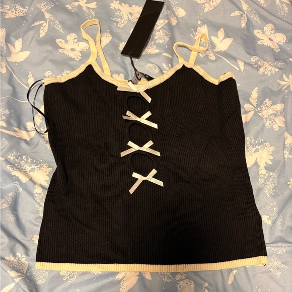 Lioness Tops - Lioness Black Camisole with Cream Trim and Bow Accent cut outs